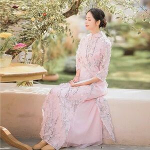 🆕🌸🌸Traditional Vietnam Ao dai 2-layers 3D Cherry Blossoms 🌸 size XL
